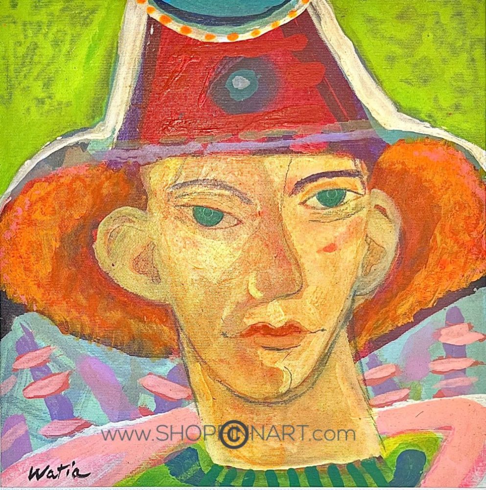 FARMER'S HAT, 11H" x 11L", acrylic painting on 11H" x 11L" canvas mounted on 12” x 12” x 1” wooden art block, artist: Tarmo Watia