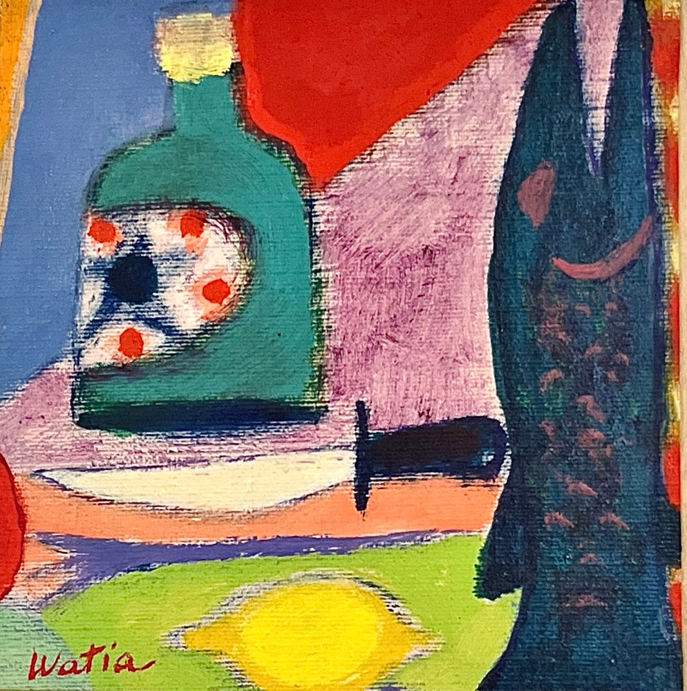 "Chug A-Jug", 6.5"H x 6.5"L acrylic painting affixed on canvas on 8"H x 8"L x 1"W wood art panel, artist: Tarmo Watia