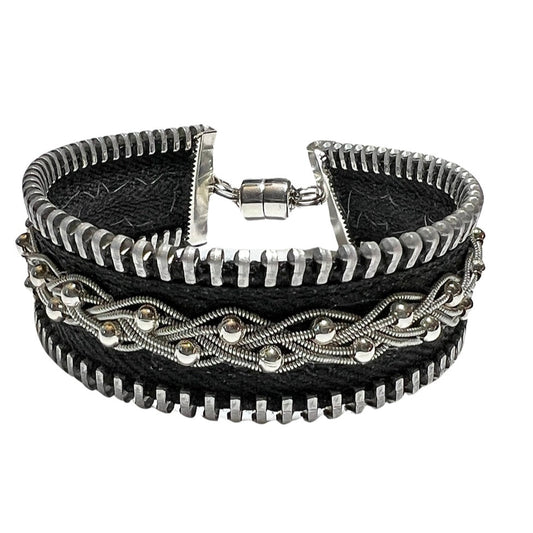 Sami-Style Zipper Bracelet: Black w/ Double Silver Beads