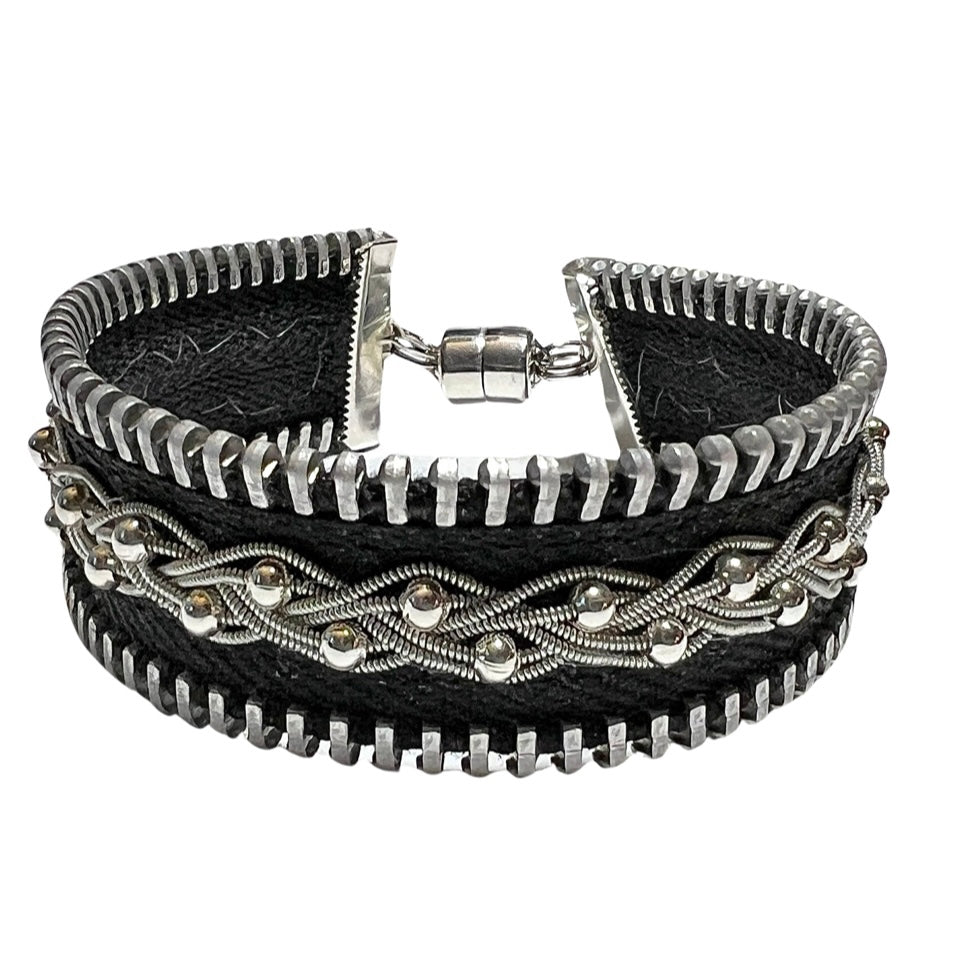 Sami-Style Zipper Bracelet: Black w/ Double Silver Beads - 7.0"